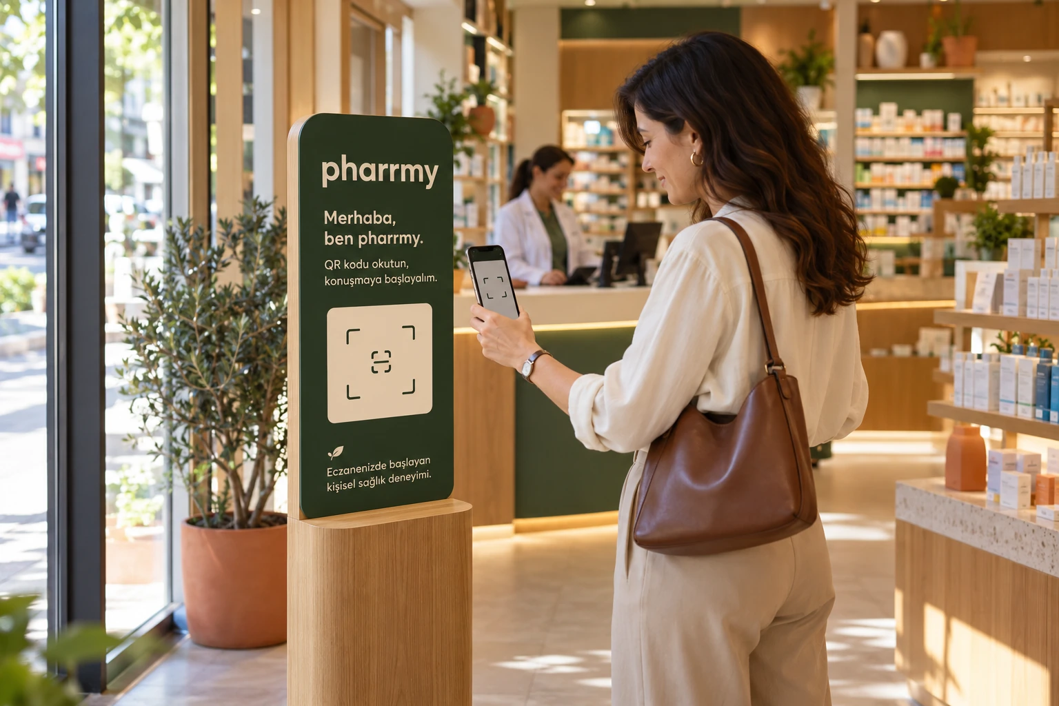 Eczanedeki pharrmy karşılama alanında telefonuyla QR okutan ziyaretçiyi gösteren temsili tasarım